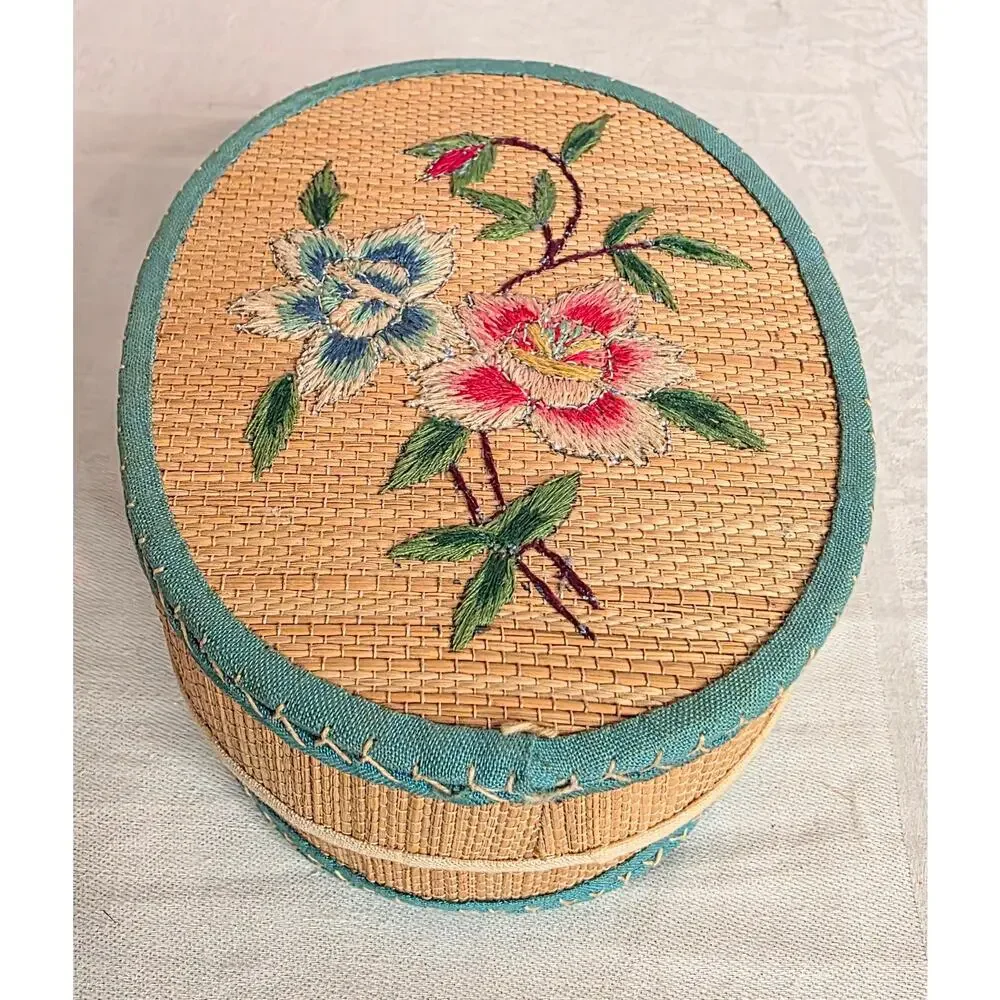 Vintage Embroidery Bamboo Keepsake Storage Box Oval 3